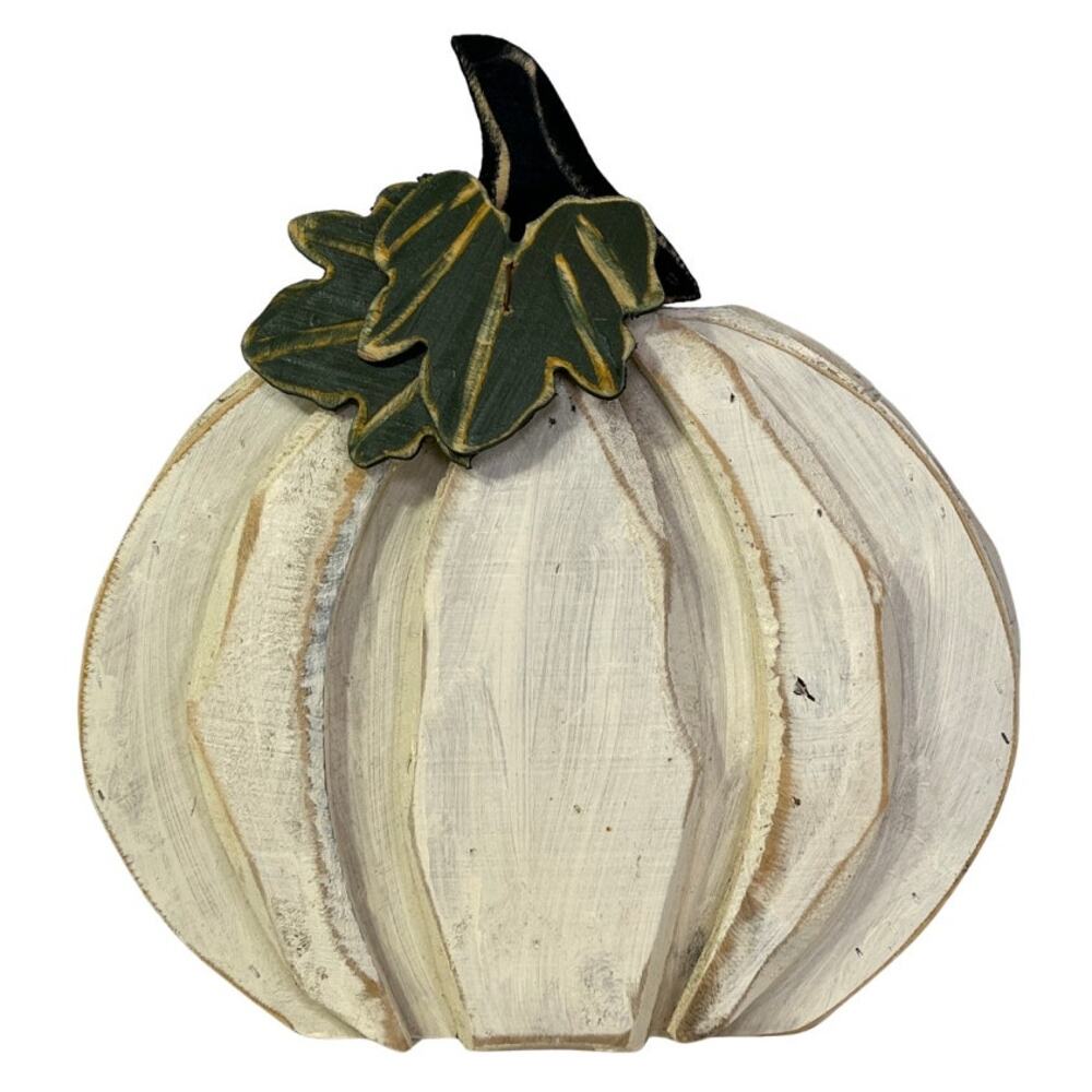 Wooden White Pumpkin Halloween Fall Seasonal Decor 15"